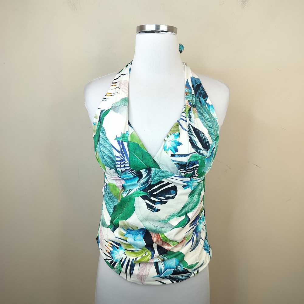 La Blanca Tankini Swim Top 6 Halter Tropical Ruched Floral Blue Green